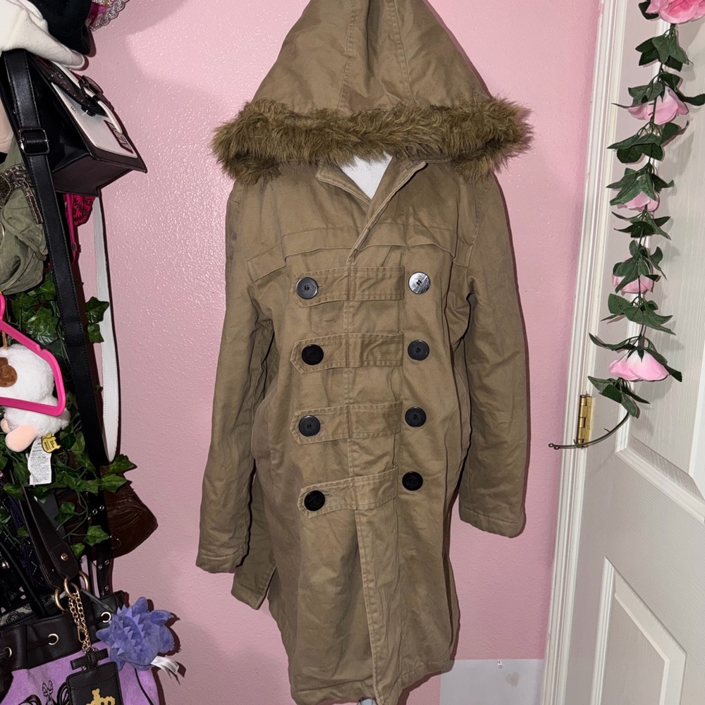 Vintage Brown Hooded Trench Coat with Fur Hood